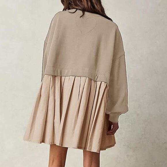 Dokuritu Women's Khaki Patchwork Crew Neck Long Sleeve Sweatshirt Mini Dress XS - Picture 4 of 11